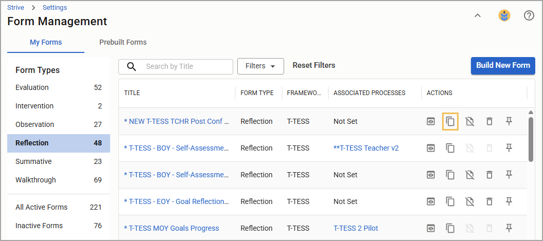 Overview of form management with the ability to copy a form.